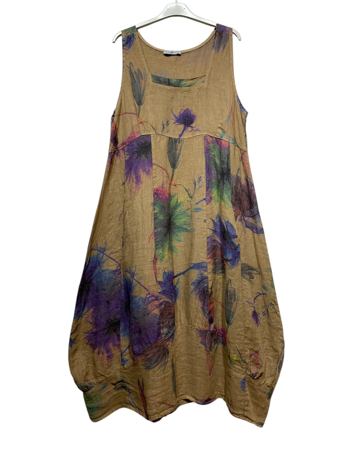 Sleeveless Floral Print Linen Dress-Fiberartboutique.com