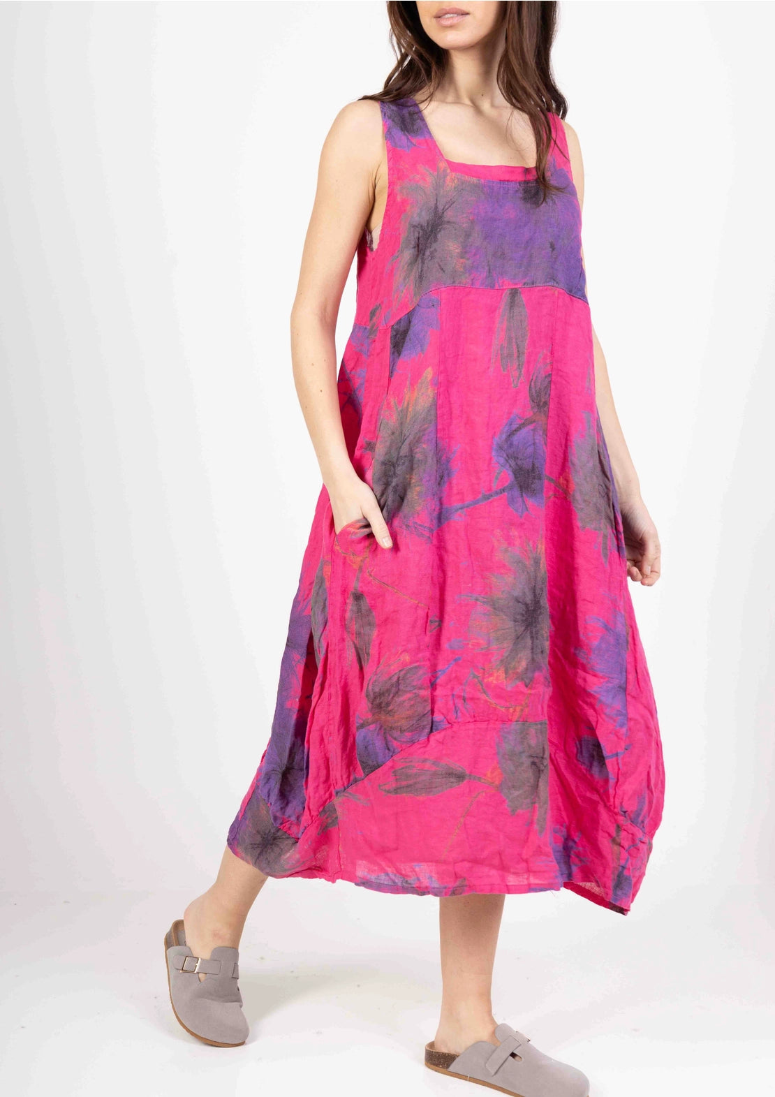 Made In Italy Sleeveless Floral Print Linen Dress-Fiber Art Boutique