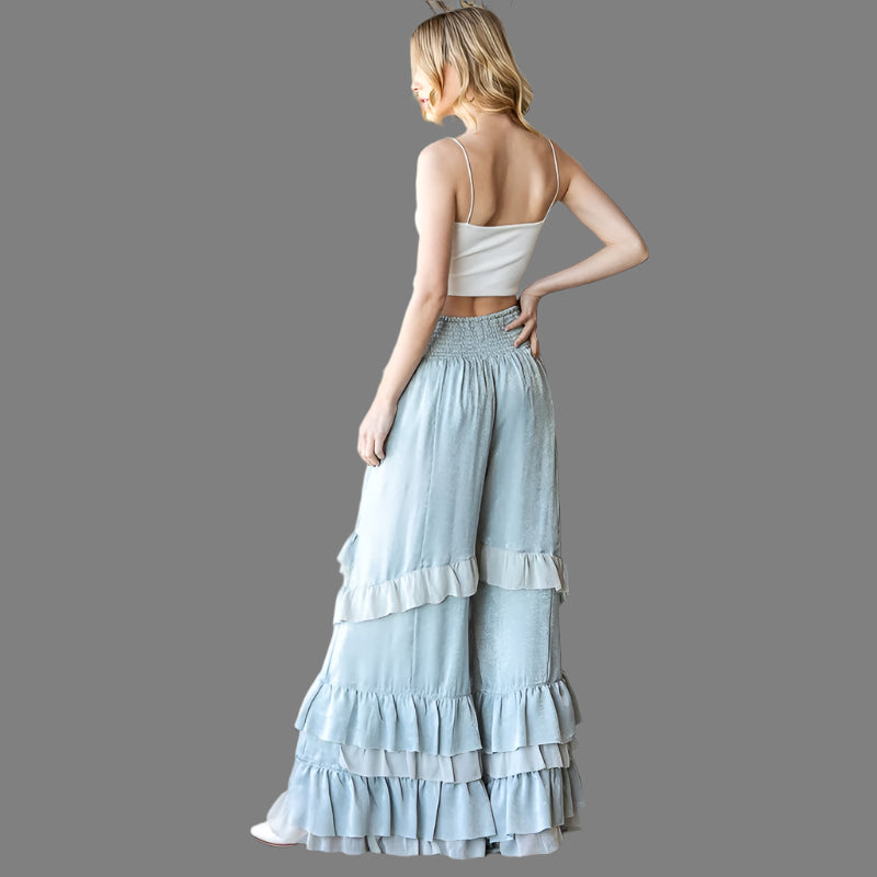 Layered Ruffle Patched Wide Leg Pants-Fiber Art Boutique