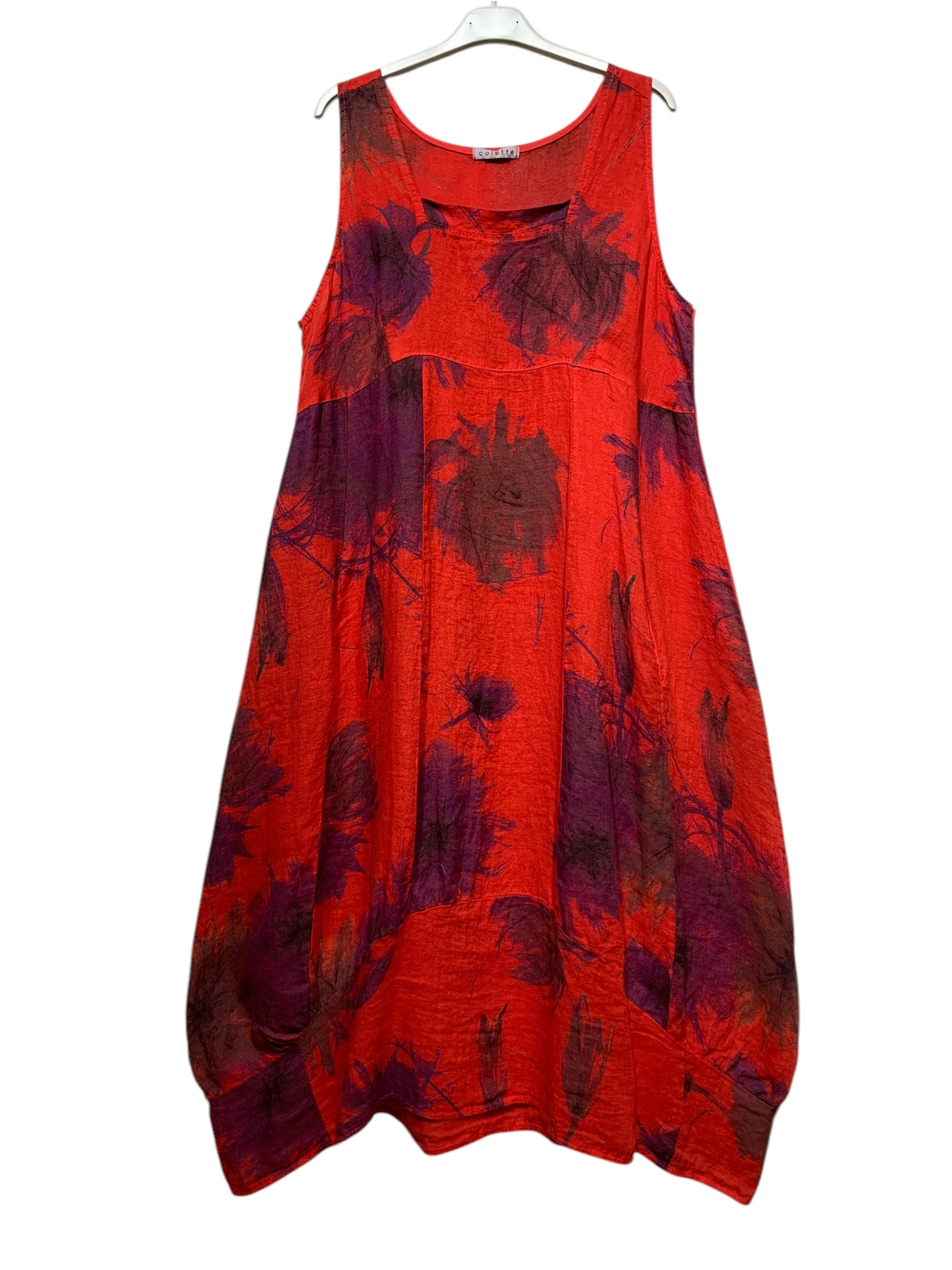 Sleeveless Floral Print Linen Dress-Fiberartboutique.com